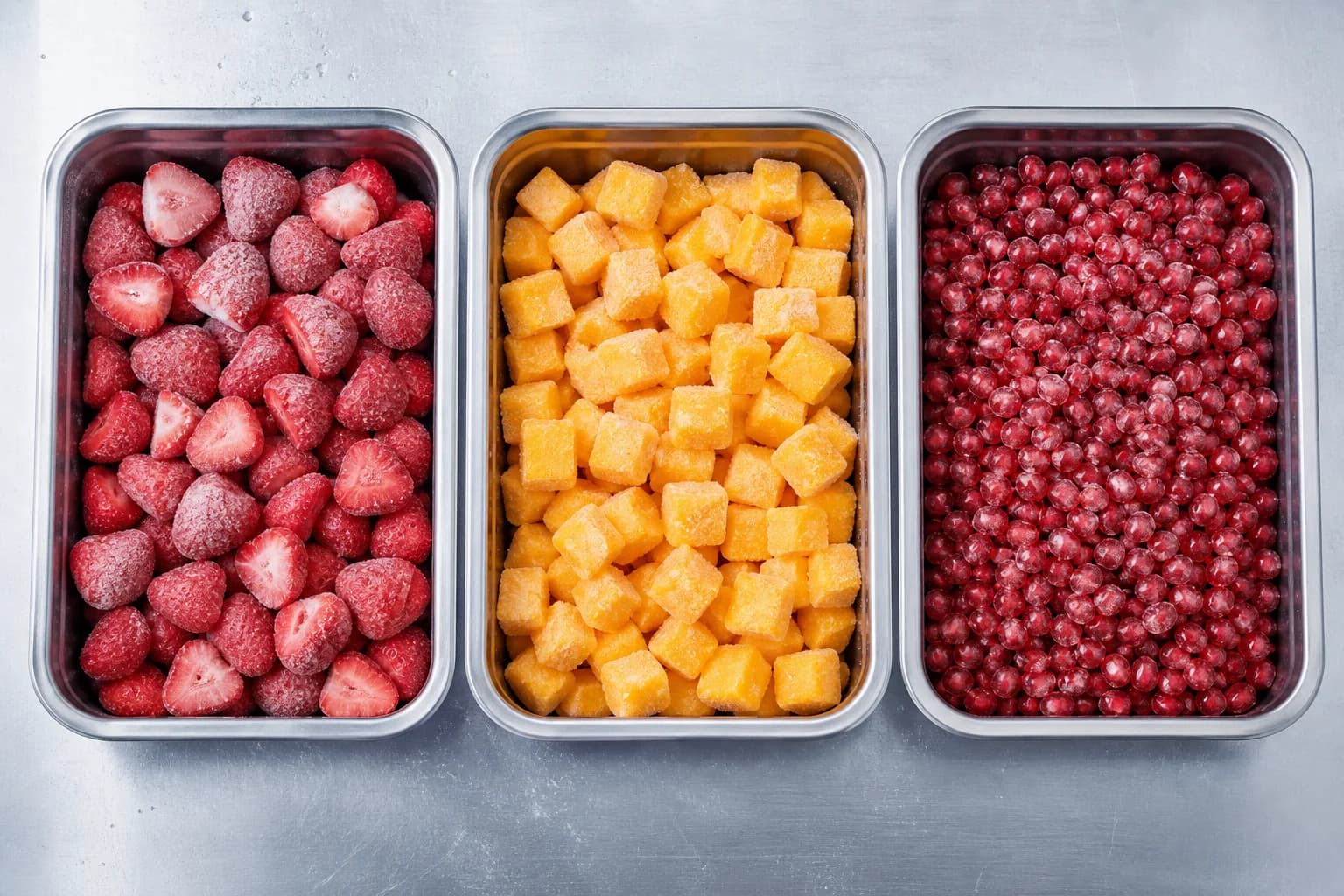 Individually quick frozen strawberries, mango and pomegranate