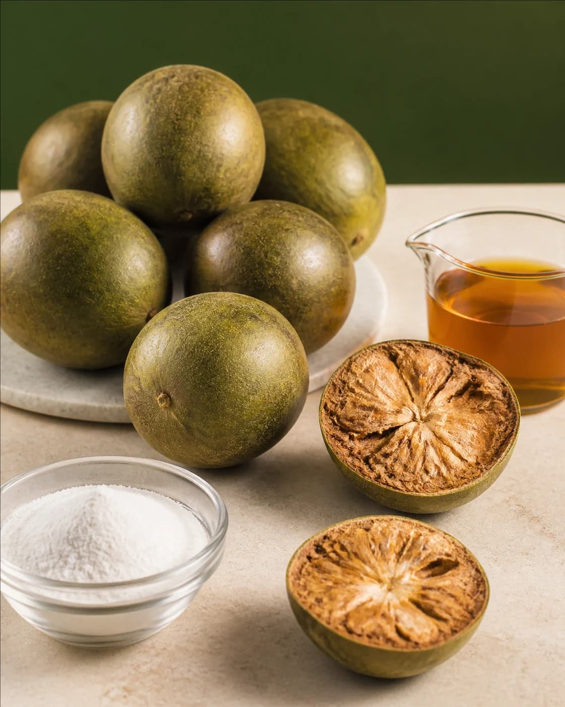Whole and halved monk fruit with monk fruit extract powder and liquid