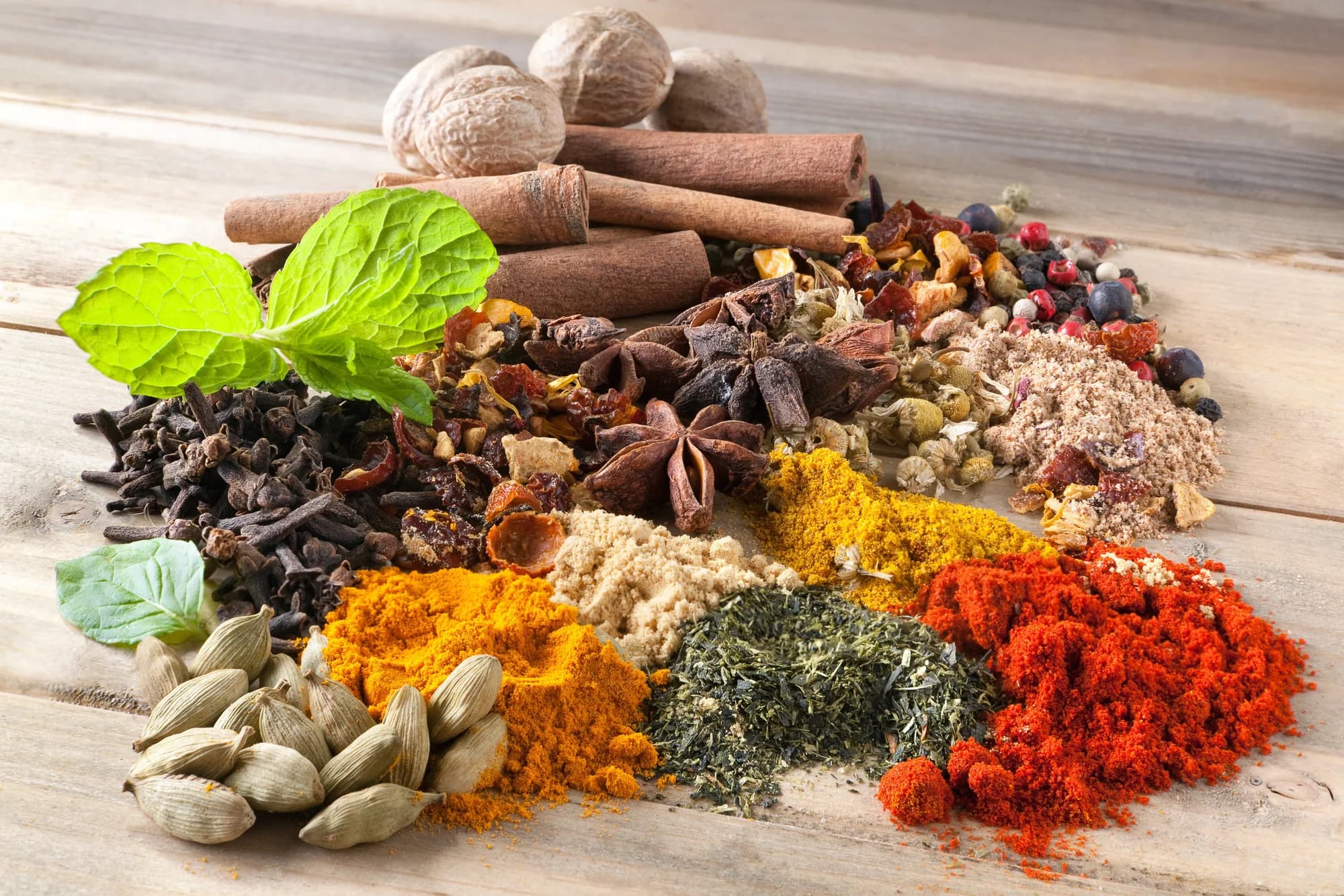 Egyptian spices and dried herbs arranged in bowls