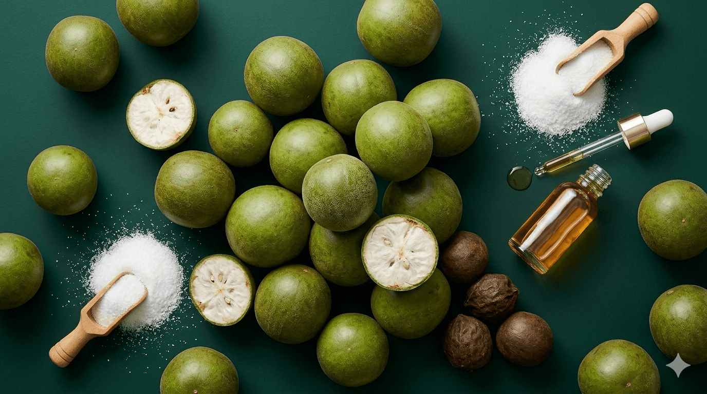 Fresh monk fruit beside monk fruit sweetener powder and liquid extract